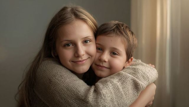 Hugging teen sister holding little brother in beige knit sweaters by warm window light