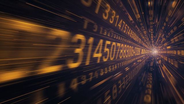 Golden numeric tunnel streaming toward light — abstract dataflow visualization and motion