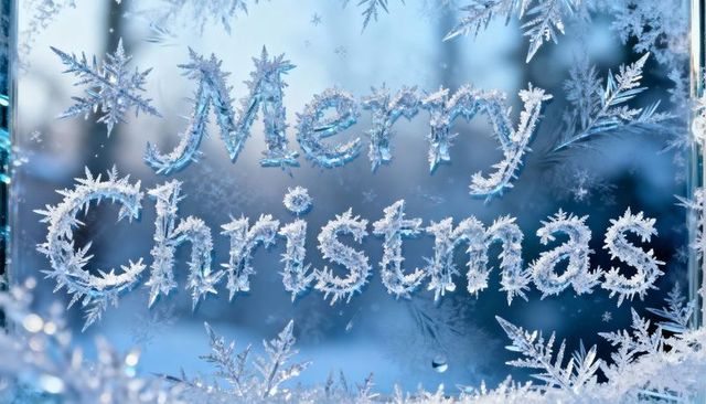 Frosted window merry christmas lettering forming from ice crystals and snowflakes