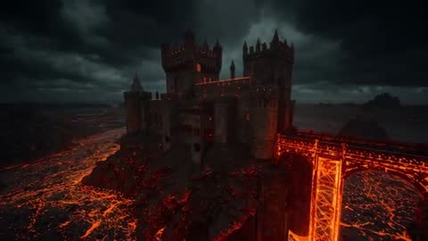 Epic Pan of Fortress Amidst Sprawling Lava Beds and Medieval Ruins