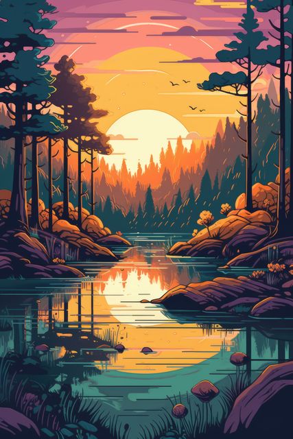 Sunset landscape with trees, mountains and river created using generative ai technology. Landscape and nature concept digitally generated image.