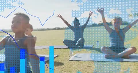 Children Practicing Yoga in Nature with Health Data Overlay