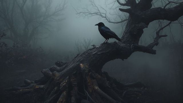Crow Perched on Mystical Tree in Foggy Forest Landscape