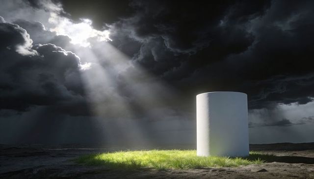 White Cylinder Standing on Sunlit Grass Receiving Sunbeams under Dramatic Storm Clouds
