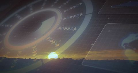 Futuristic HUD Overlay Merging with Sunset Horizon and Digital Grid for Technology Concept