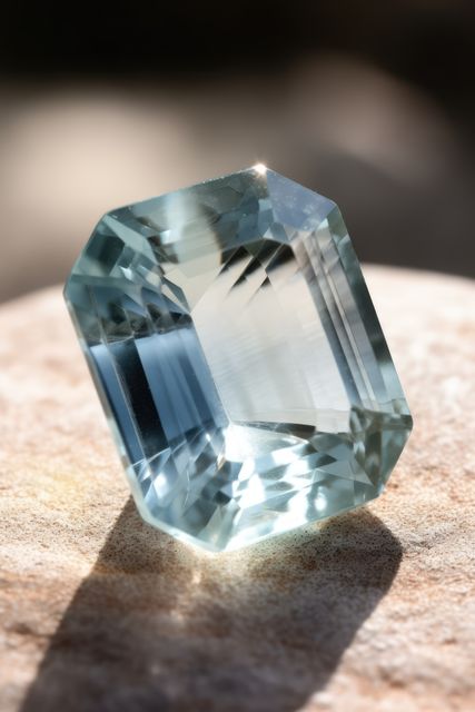 Close-up of a faceted aquamarine gemstone resting on a natural rock surface under natural light. Use for jewelry advertisements, gemstone educational materials, or luxury product promotions.