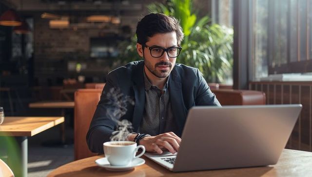 Focused young professional typing on laptop in sunlit cafe with steaming coffee cup