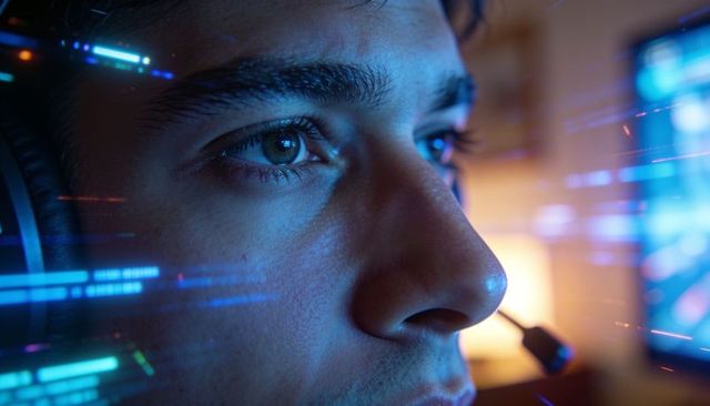 Focusing young gamer wearing headset and boom mic with neon led streaks and monitor glow