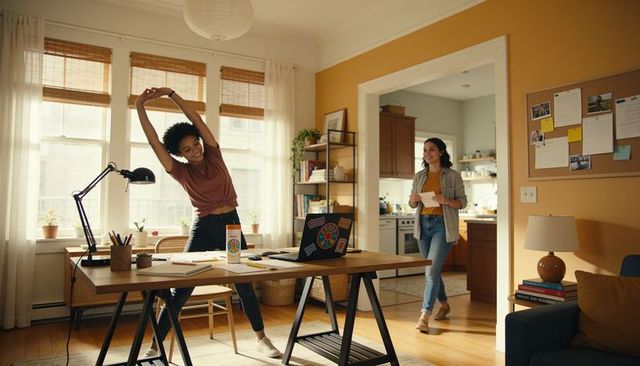 Young woman stretching at sunlit home desk while friend enters kitchen, remote work moment