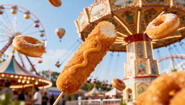 Crunchy corndog on stick with mustard at vibrant carnival carousel and ferris wheel