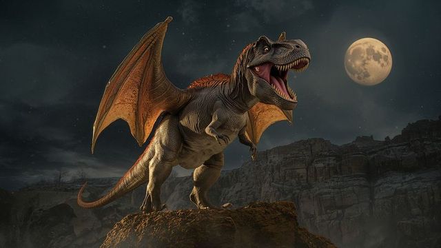 Winged dinosaur roaring beneath full moon in majestic canyon landscape