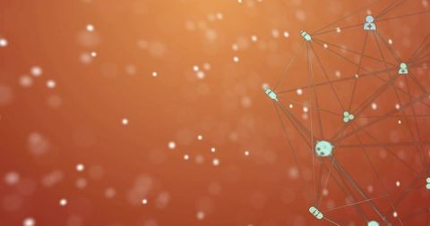 Connecting network nodes on teal wireframe sphere over warm orange bokeh background