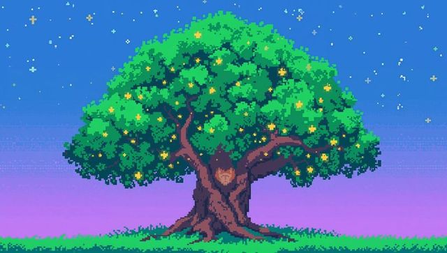 Glowing pixel art oak tree standing in night meadow with heart hollow and star lights