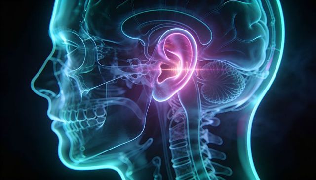 Translucent 3D skull cutaway highlighting cochlea and ossicles for auditory anatomy study
