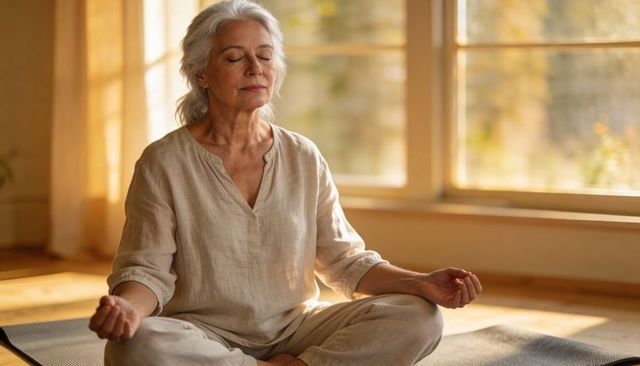 Senior woman meditating on yoga mat in sunlit room practicing mindfulness and relaxation