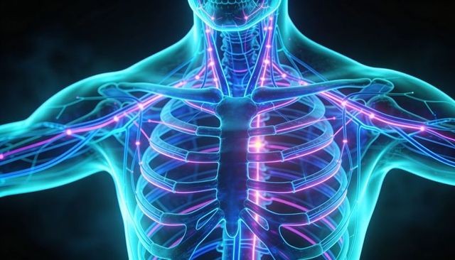 Glowing translucent human thorax revealing ribcage, clavicles and neon vascular network