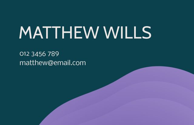 Sleek business card with a minimalist and professional design. Features essentials such as name, phone number, and email set against a dark background with a soft wave pattern. Ideal for professionals in any field looking to impress at networking events or enhance their personal branding.