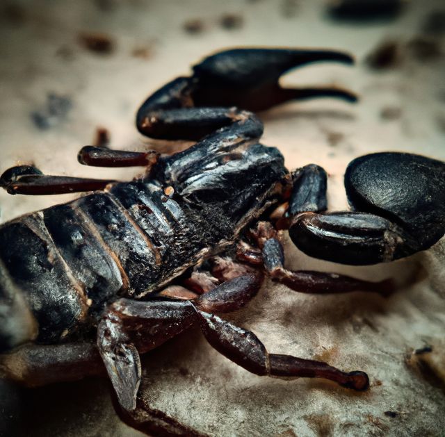 Close-up of a black scorpion showing detailed texture of claws and body. Useful for articles on wildlife, venomous creatures, arthropods, and the natural behavior of dangerous animals. Can be perfect for educational materials about insects, or visuals highlighting desert wildlife.