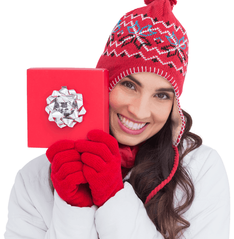 Woman in Winter Attire with Transparent Gift Box Smile
