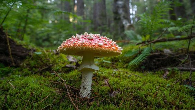 Red fly agaric mushroom growing on mossy forest floor with white warts and water droplets