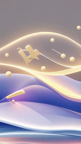 Vertical video of luminescent ribbons waving with rising cube and orbiting spheres