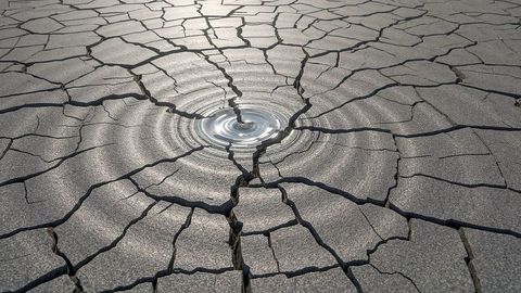 Cracked earth lakebed with rippling water droplet