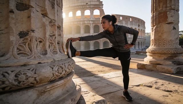 Sunlit female athlete stretching on carved column base at colosseum rome morning run
