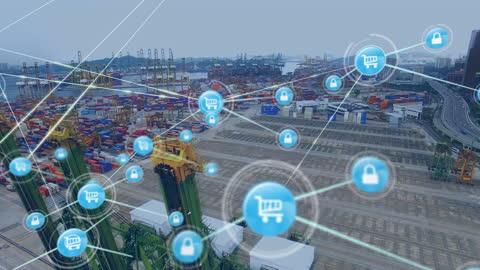 Global Shipping Network with Digital Icons Over Docks