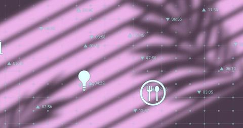 Projecting slat shadow over futuristic digital interface with cyan cutlery and bulb icons
