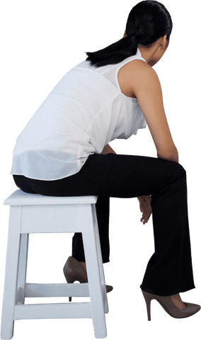 Transparent Woman Sitting on Stool in Thoughtful Pose
