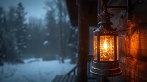 Lantern flickering on snowy log cabin porch at dusk, casting warm amber glow in snowfall