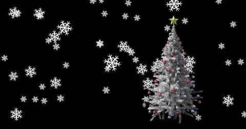 Digital Christmas Tree With Falling Snowflakes on Dark Background