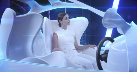 Woman Relaxing in Futuristic Self-Driving Car Interior