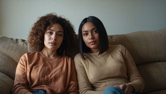 Two Women Sitting on Beige Sofa Looking Calm and Connected Indoor Portrait Closeup