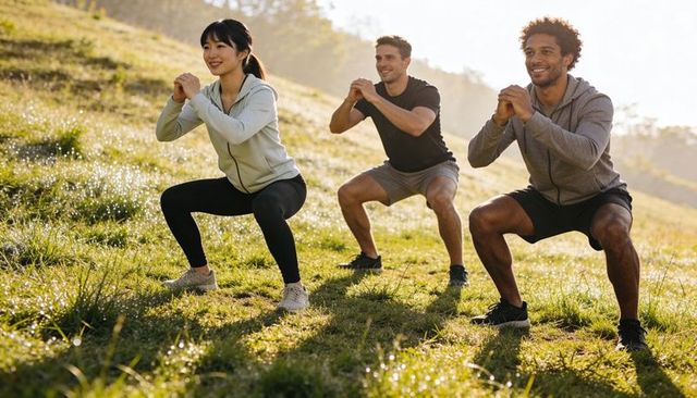 Friends doing morning squats on dewy hillside at sunrise for outdoor fitness