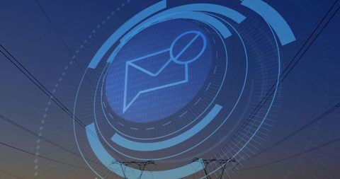 Digital Interface and Message Icon Over Power Grid at Dusk