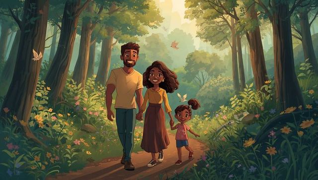 Family walking hand-in-hand on sunlit forest trail, parents and daughter enjoying nature