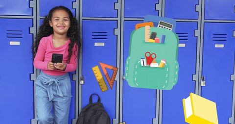 Teen Girl with Smartphone by Lockers and School Supplies