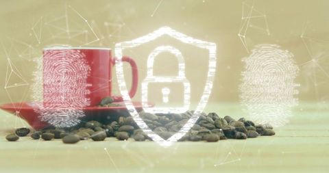 Red coffee cup and beans with floating security shield protecting biometric data