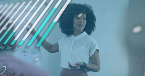 Businesswoman presenting projected bar chart on glass board during modern team meeting