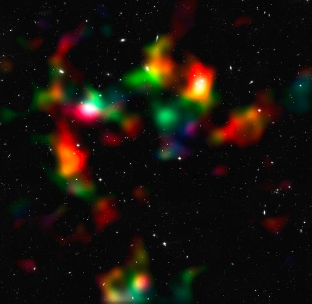 NASA/ESA Hubble Release Date: March 25, 2010  This image shows a smoothed reconstruction of the total (mostly dark) matter distribution in the COSMOS field, created from data taken by the NASA/ESA Hubble Space Telescope and ground-based telescopes. It was inferred from the weak gravitational lensing distortions that are imprinted onto the shapes of background galaxies. The colour coding indicates the distance of the foreground mass concentrations as gathered from the weak lensing effect. Structures shown in white, cyan, and green are typically closer to us than those indicated in orange and red. To improve the resolution of the map, data from galaxies both with and without redshift information were used.  The new study presents the most comprehensive analysis of data from the COSMOS survey. The researchers have, for the first time ever, used Hubble and the natural &quot;weak lenses&quot; in space to characterise the accelerated expansion of the Universe.  Credit: NASA, ESA, P. Simon (University of Bonn) and T. Schrabback (Leiden Observatory)  To learn more abou this image go to:  <a href="http://www.spacetelescope.org/news/html/heic1005.html" rel="nofollow">www.spacetelescope.org/news/html/heic1005.html</a>   For more information about Goddard Space Flight Center go here:  <a href="http://www.nasa.gov/centers/goddard/home/index.html" rel="nofollow">www.nasa.gov/centers/goddard/home/index.html</a>