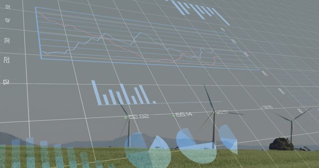 Graphs and charts overlaying a field with wind turbines represent renewable energy data visualization. Ideal for illustrating green energy trends, reports on sustainability, or showcasing technological advancements in eco-friendly power generation.