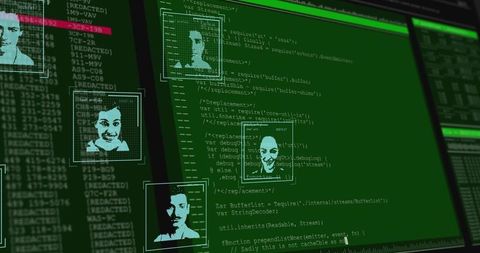 Facial recognition dashboard displaying biometric IDs and green terminal code for security