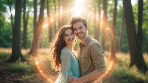 Romantic cute couple embracing in sunlit enchanted forest