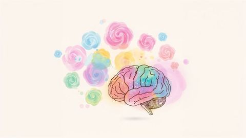 Abstract brain illustration with rainbow and pastel swirls