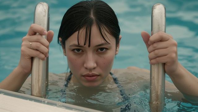 Holding pool ladder, emerging from water, intense closeup portrait of asian woman staring