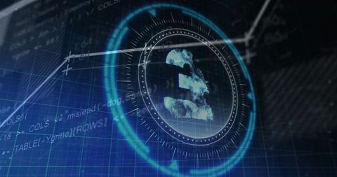 Rotating digital british pound symbol inside futuristic hud on financial analytics dashboard