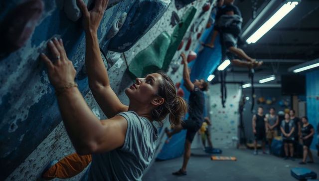 Female rock climber tackling overhang at indoor bouldering gym reaching colorful holds