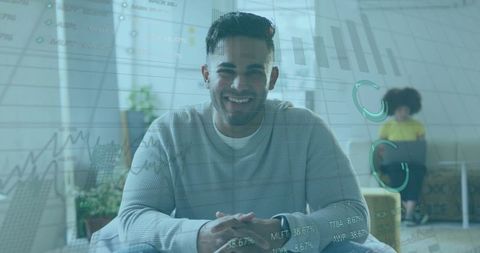 Smiling Professional in Home Office with Financial Chart Overlay