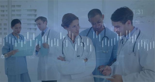 Medical professionals analyzing data in conference room